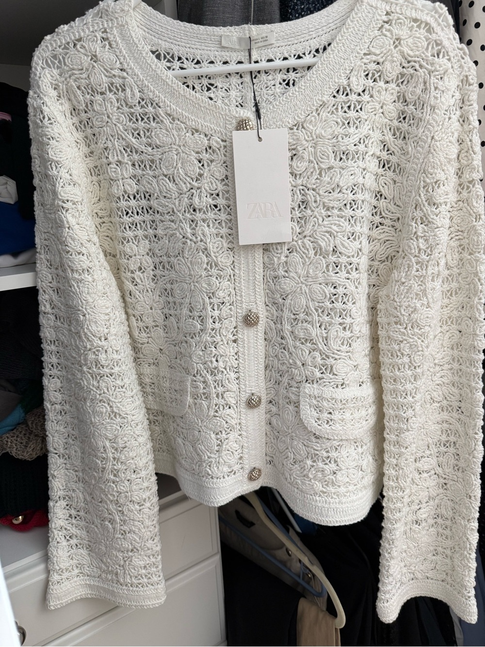 Zara white cotton  Crochet Jacket with silver Buttons SZ L NWT